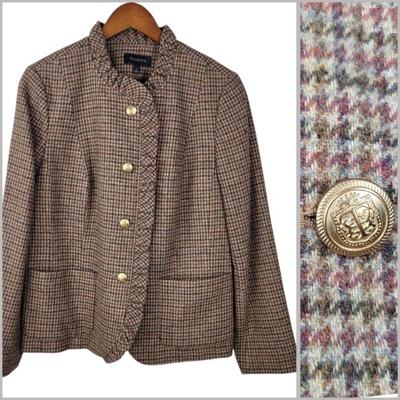 New $179 Talbots Blazer 14 Houndstooth Brown Ruffle Trim Plaid Wool NWT Academia - Picture 1 of 11